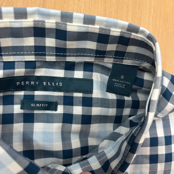 Perry Ellis Navy and White Plaid Shirt Slim‎ Fit Small NWT - Picture 4 of 7